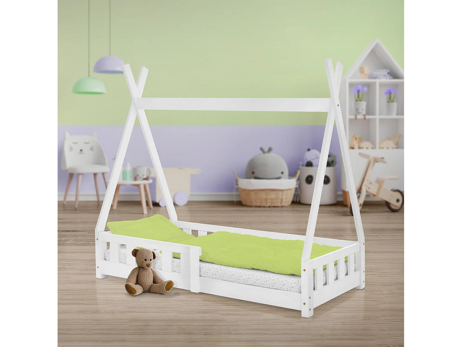 ML-Design Letto tepee per bambini 70x 140 cm con sponde, rete a doghe, lettino tenda indiana da in legno di pino massiccio bianco per cameretta bimbi
