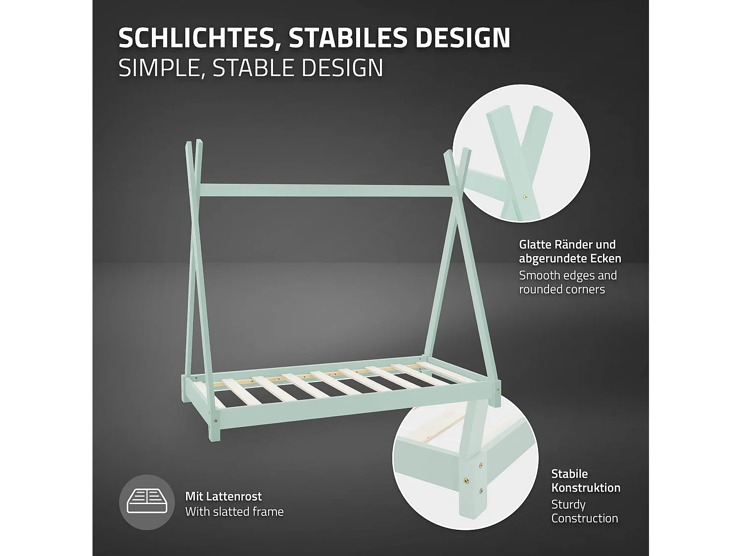 ML-Design Letto per bambini a forma di tenda 70x140 cm menta in pino massiccio con rete a doghe, stile montessori e materasso in schiuma fredda