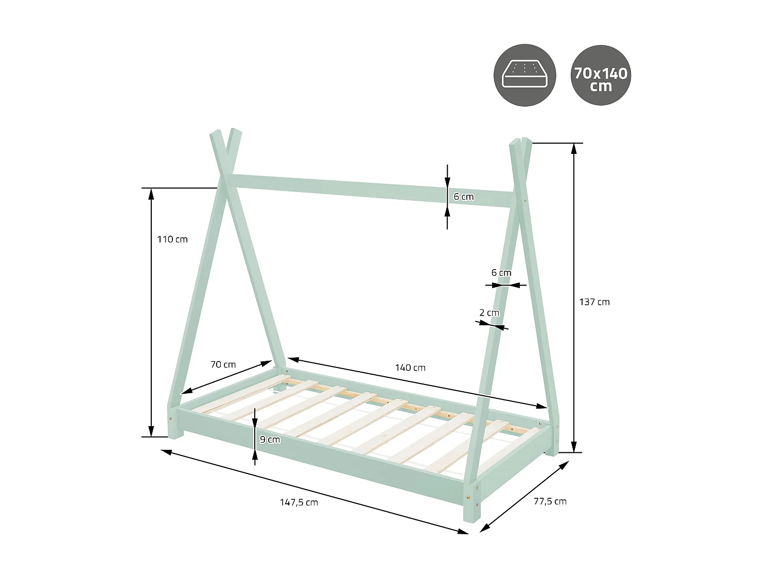 ML-Design Letto per bambini a forma di tenda 70x140 cm menta in pino massiccio con rete a doghe, stile montessori e materasso in schiuma fredda
