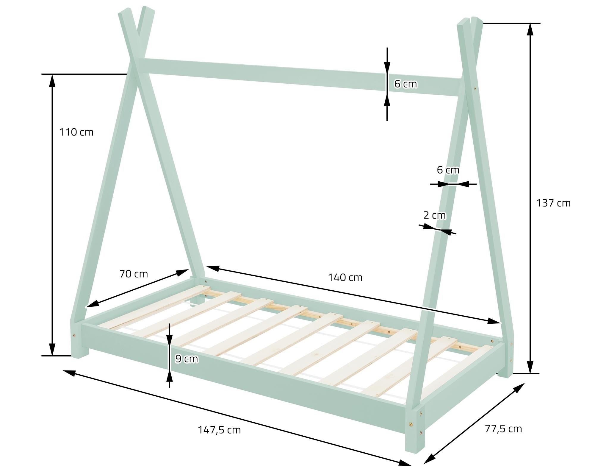 en.casa]® Cama para niños - 70 cm x 140 cm - Cama infantil - Estructura  tipi de madera pino - Color verde menta