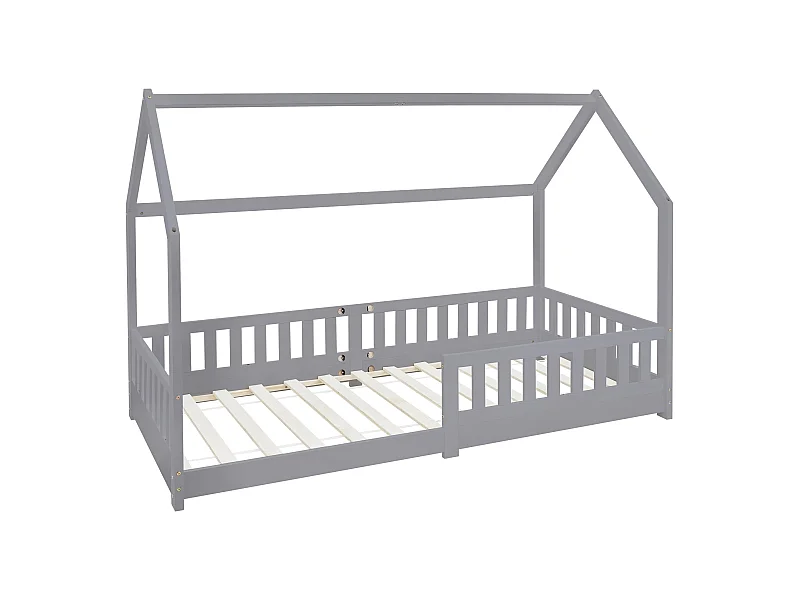 Lit d'enfants Tipi 90x200cm gris clair style maison avec toit et sommier à lattes grille de sécurité en bois de pin massif tente de jeu filles/garçons