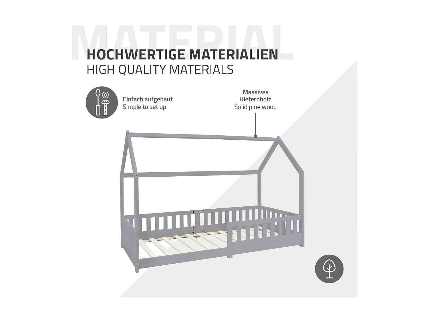 ML-Design Letto a forma di casa per bambini 90x200 cm con rete a doghe, protezione anticaduta, legno di pino grigio, lettino per cameretta bimbi
