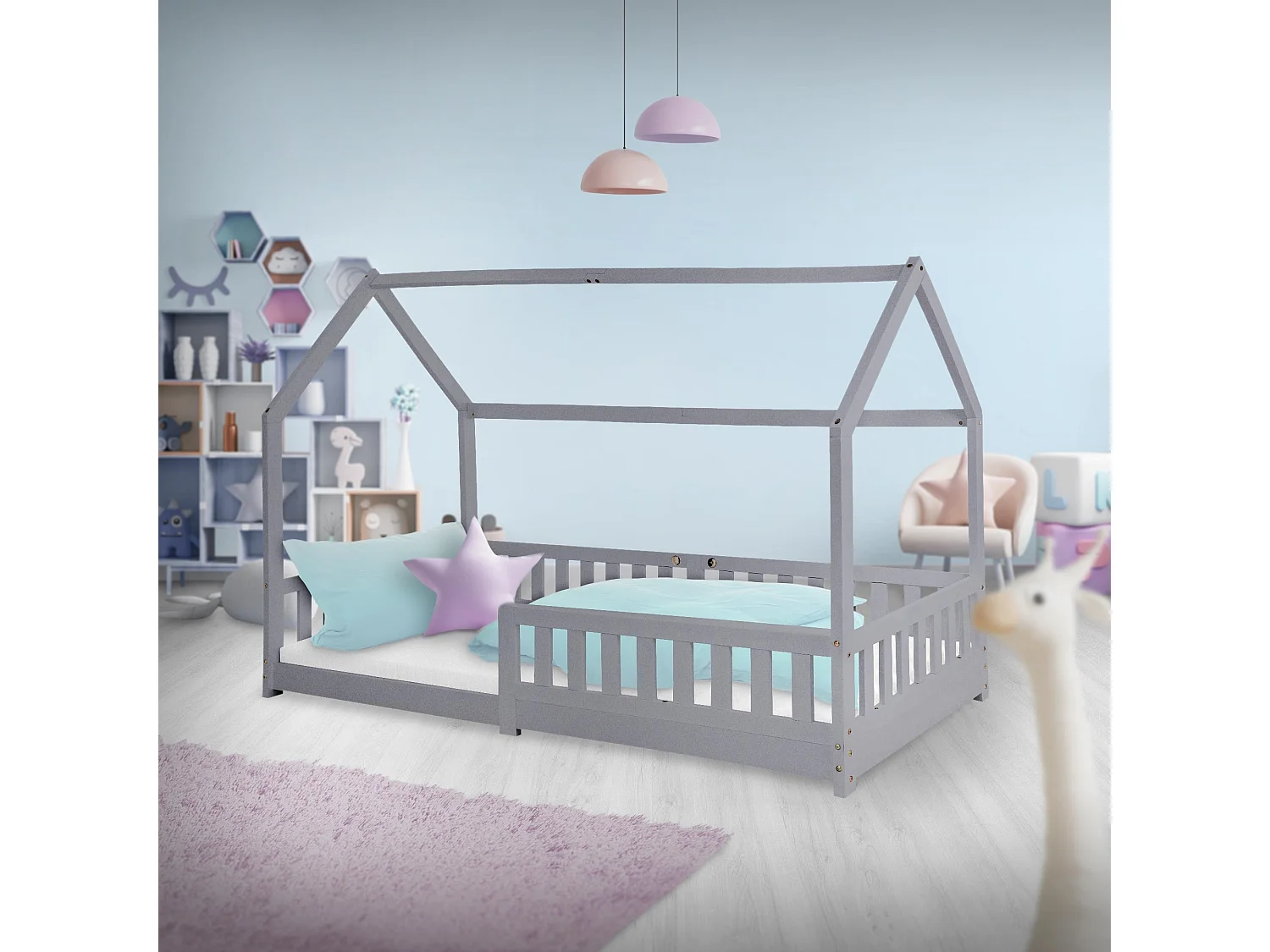 ML-Design Letto a forma di casa per bambini 90x200 cm con rete a doghe, protezione anticaduta, legno di pino grigio, lettino per cameretta bimbi