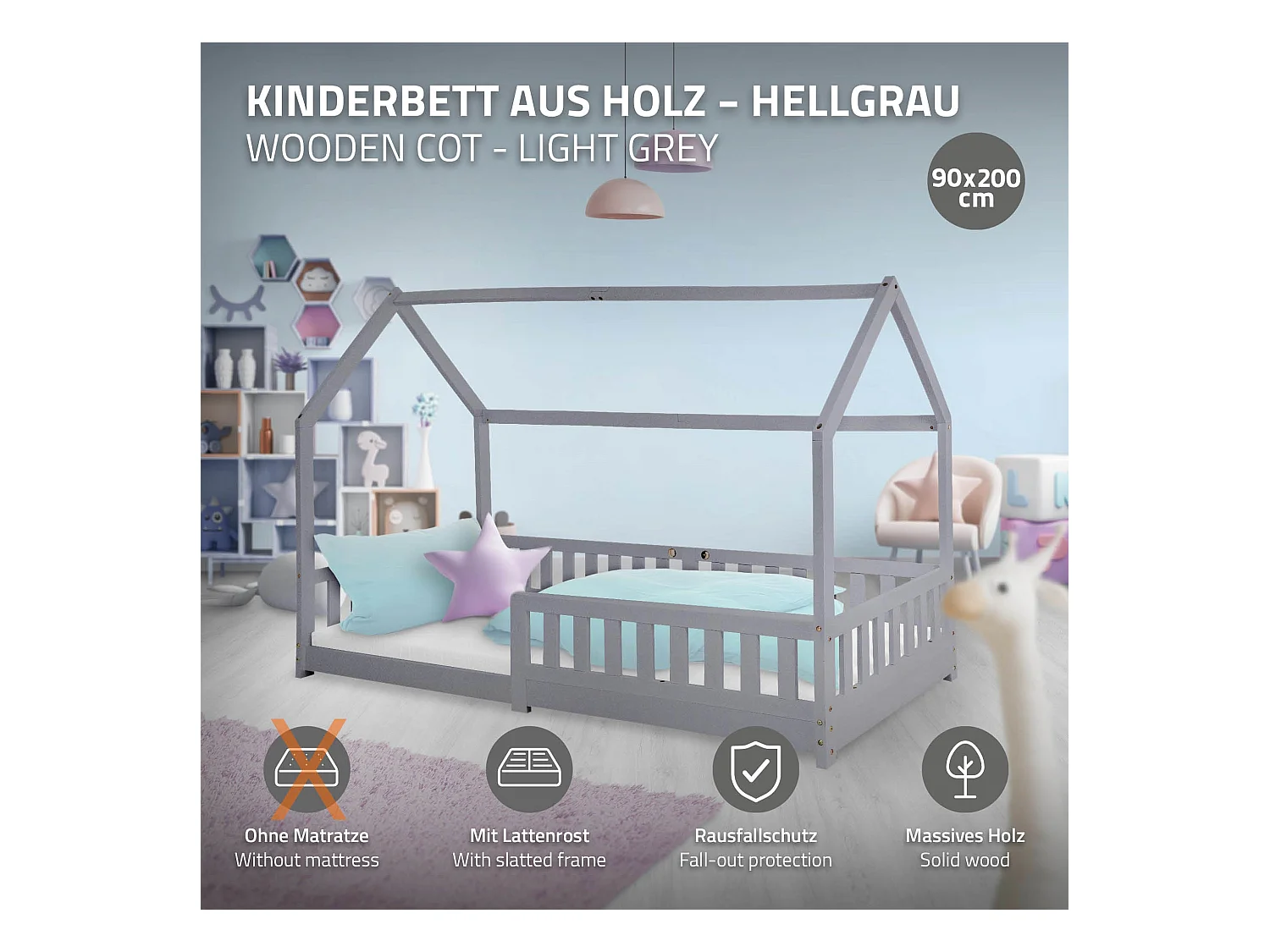 Lit d'enfants Tipi 90x200cm gris clair style maison avec toit et sommier à lattes grille de sécurité en bois de pin massif tente de jeu filles/garçons