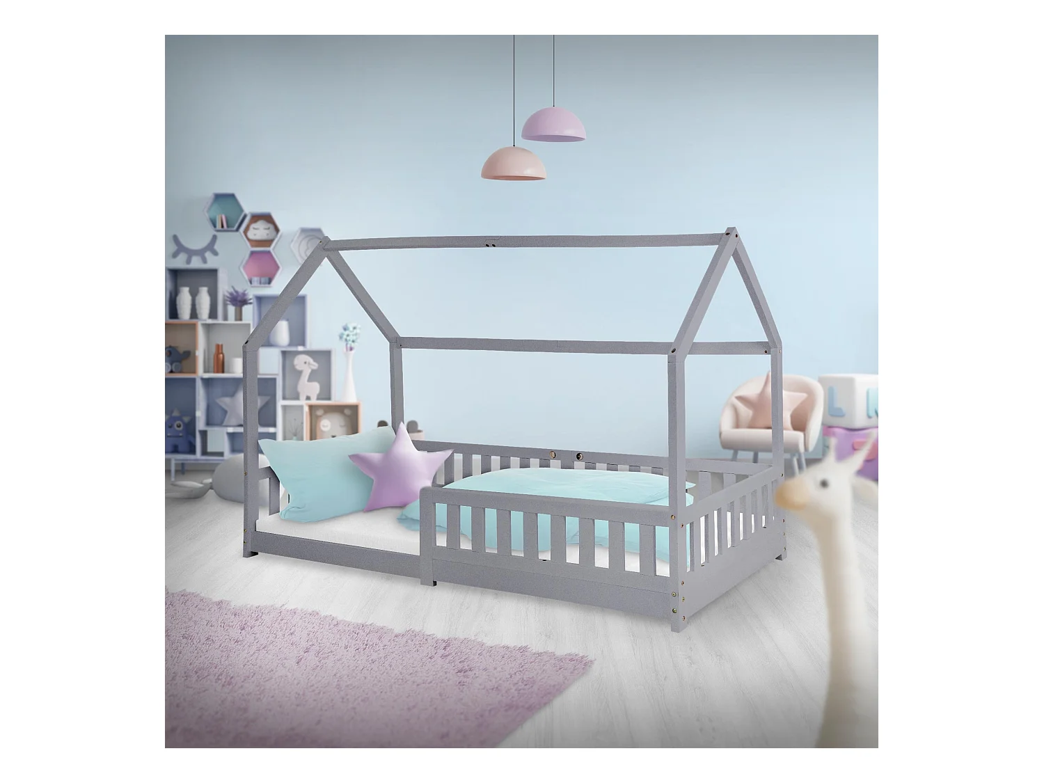 Lit d'enfants Tipi 90x200cm gris clair style maison avec toit et sommier à lattes grille de sécurité en bois de pin massif tente de jeu filles/garçons