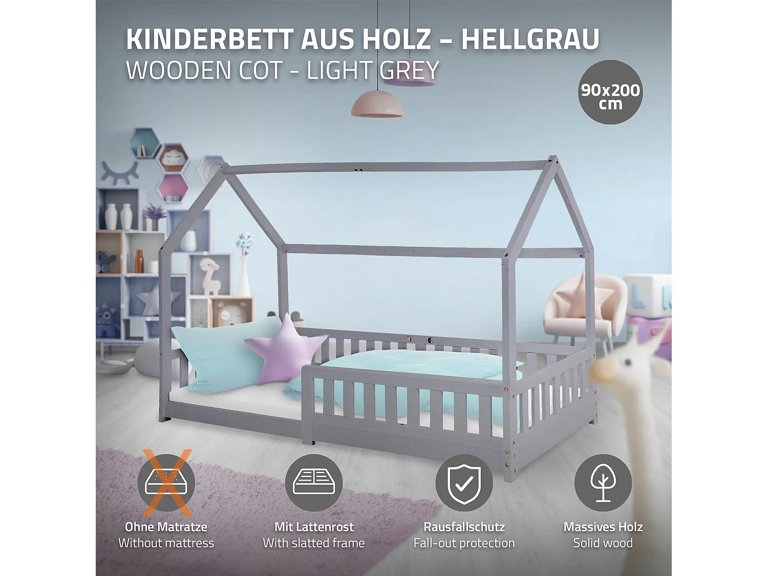 ML-Design Cama infantil 90x200cm color gris claro con listones de madera de pino maciza mobiliario forma de casa casa de campaña para niños