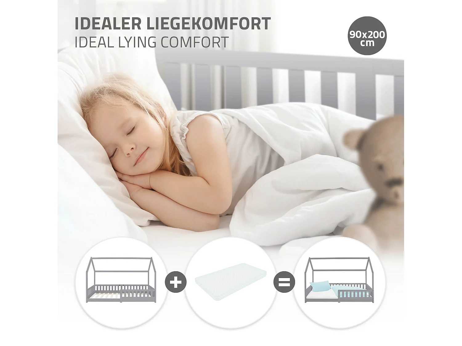 ML-Design Cama infantil 90x200cm color gris claro con listones de madera de pino maciza mobiliario forma de casa casa de campaña para niños