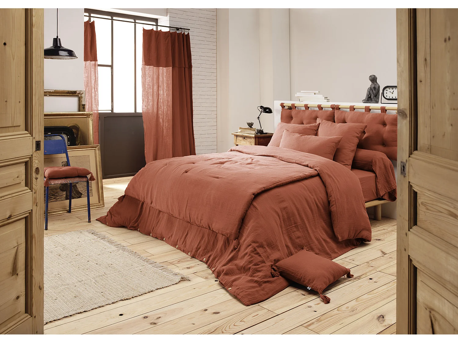 Cache sommier gaze de coton Gaia 160x200cm Terracotta