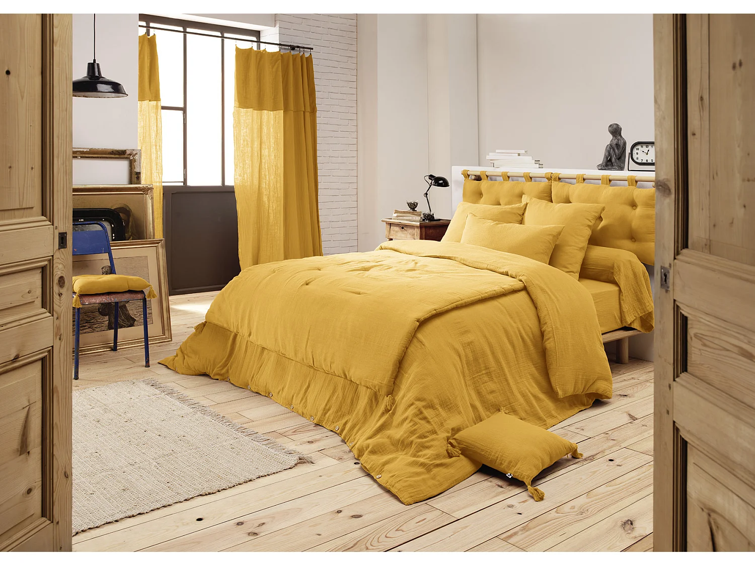 Cache sommier gaze de coton Gaia 160x200cm Safran