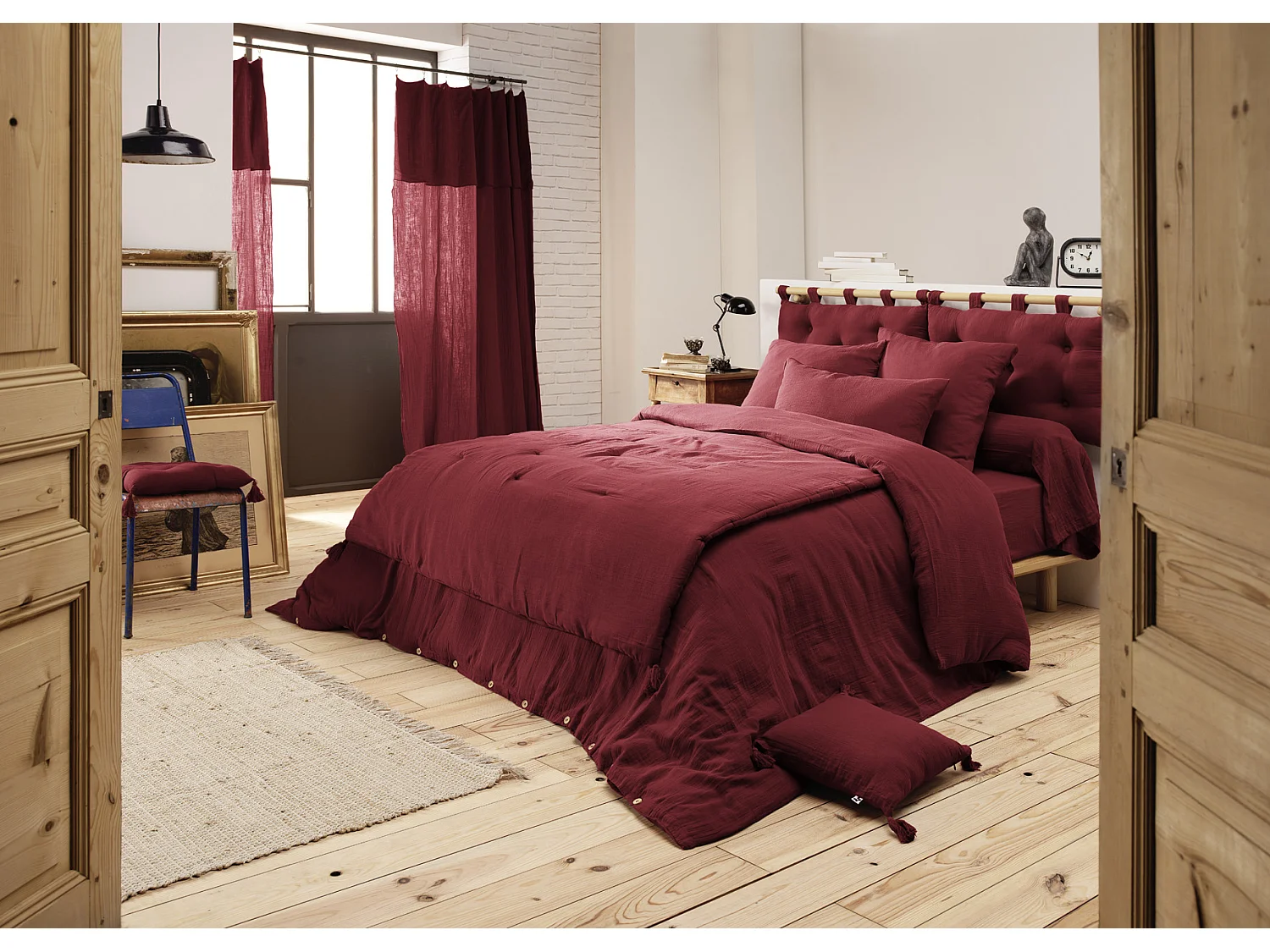 Cache sommier gaze de coton Gaia 90x190cm Lie de vin