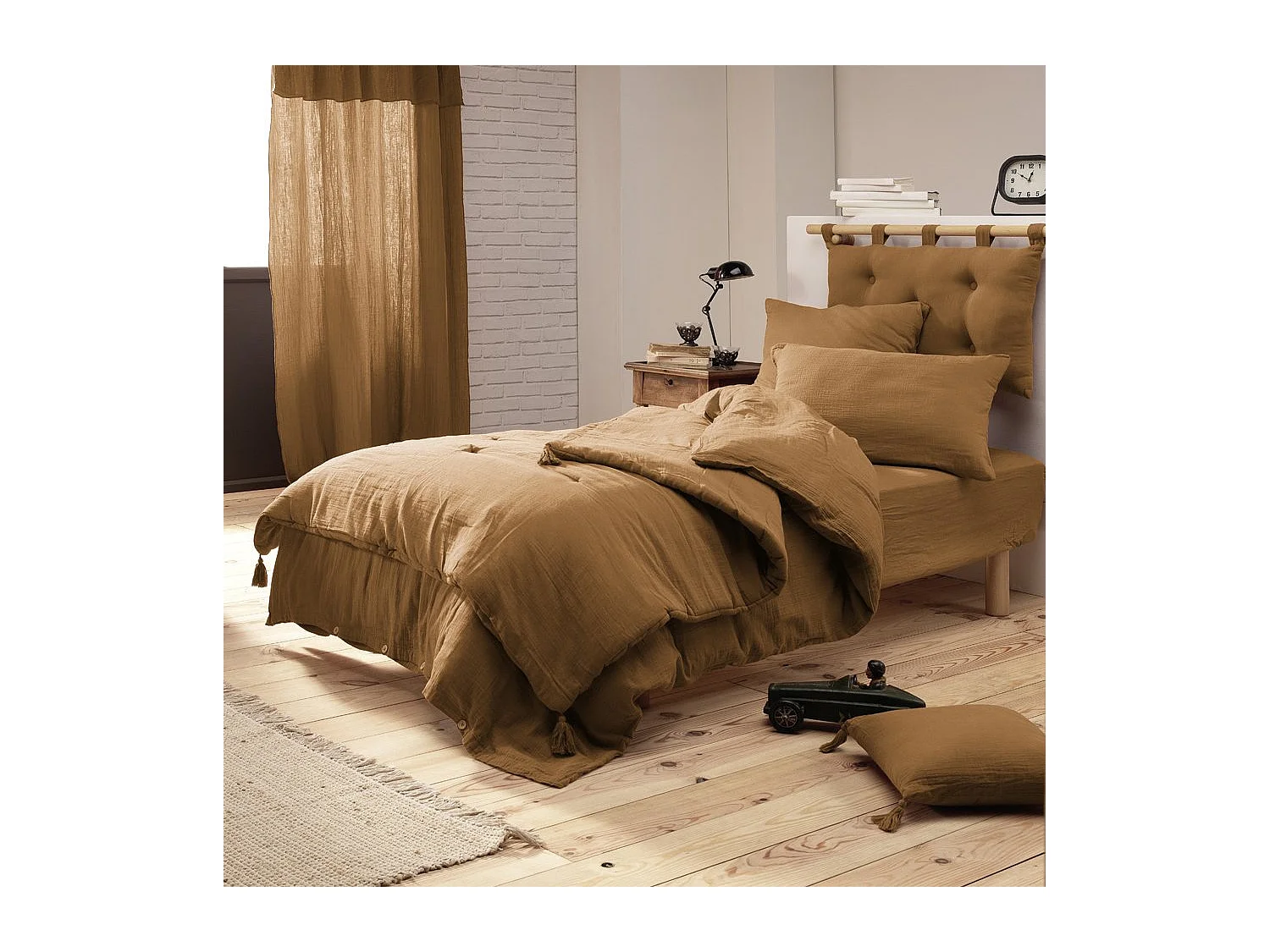 Cache sommier gaze de coton Gaia 160x200cm Camel