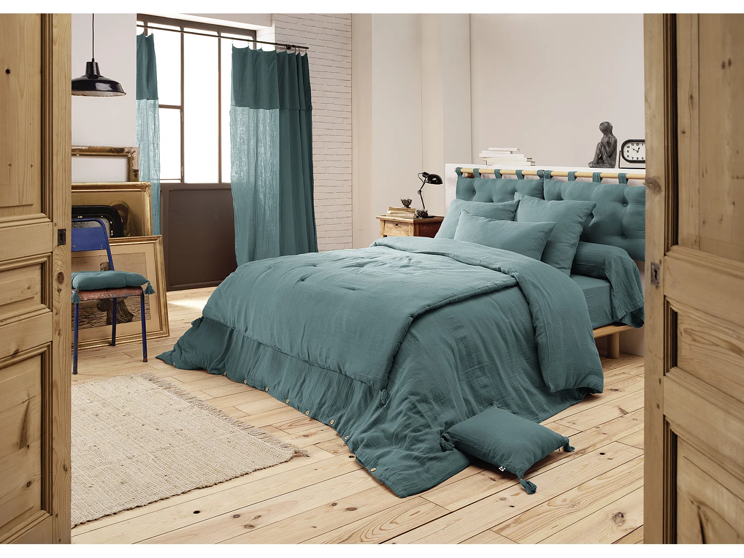 Cache sommier gaze de coton Gaia 160x200cm Canard