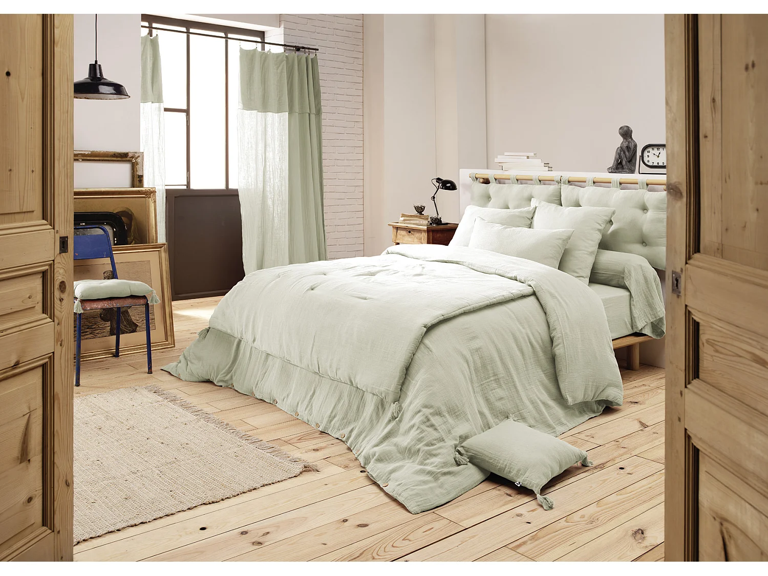 Cache sommier gaze de coton Gaia 90x190cm Vert d'eau