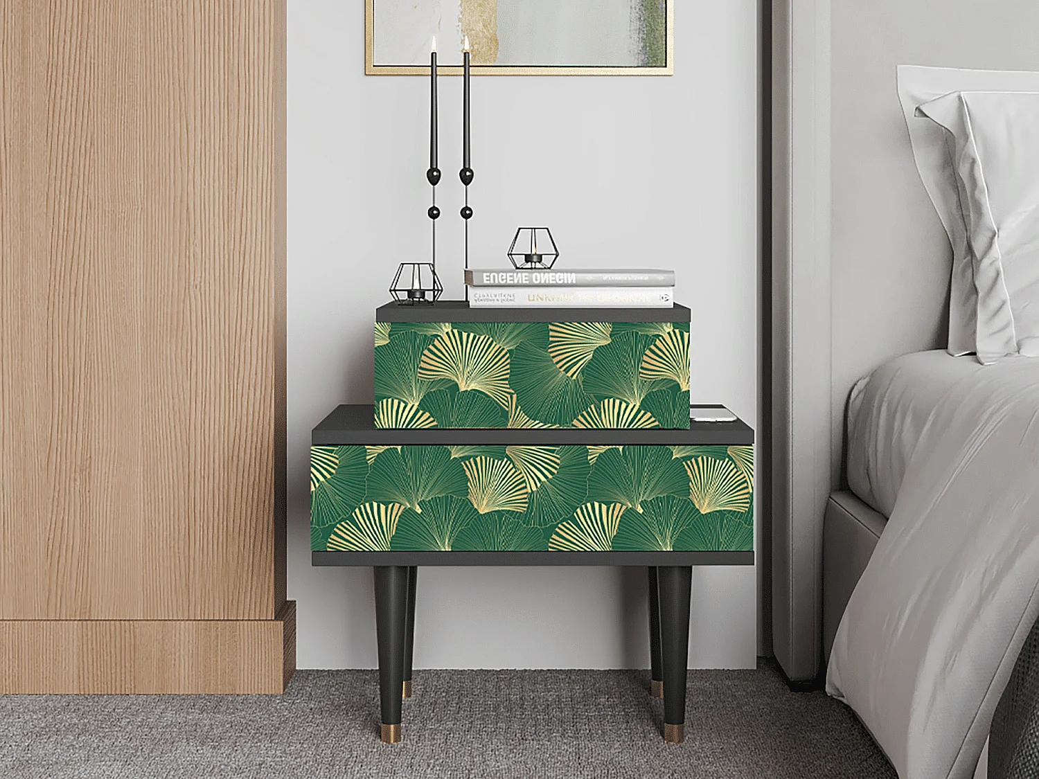 Stolik nocny - 58х58х41 cm - NS1 - Gold Ginkgo, Antracyt