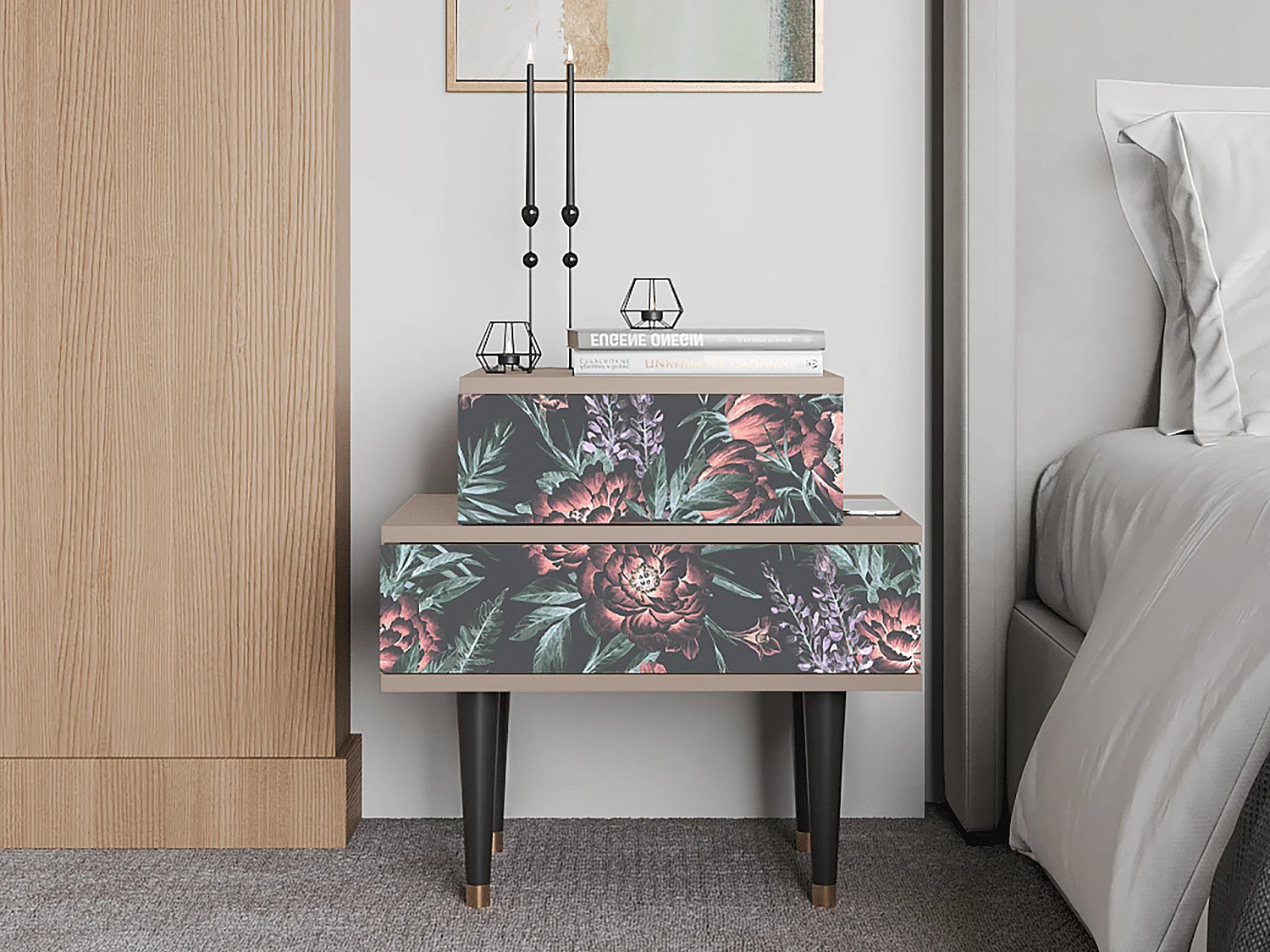 Criado-mudo - 58х58х41 cm - NS1 - Dark Peonies, Latte