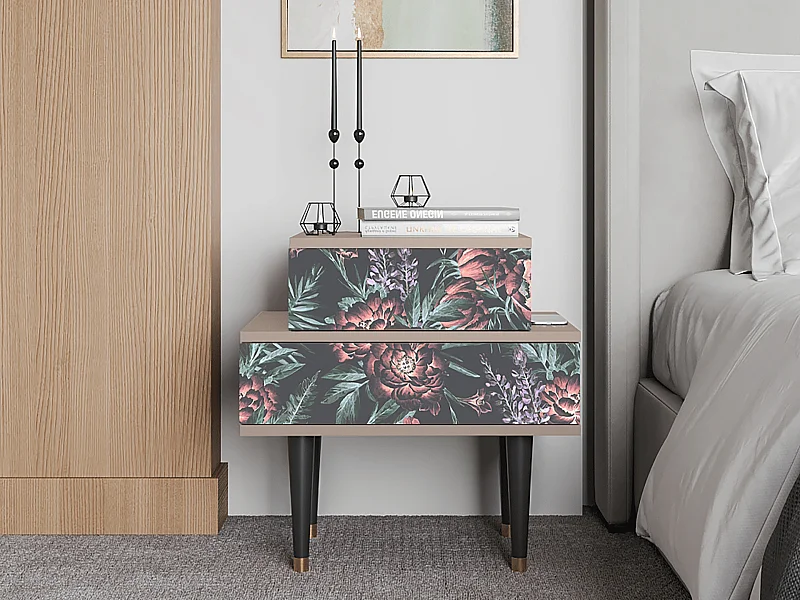 Stolik nocny - 58х58х41 cm - NS1 - Dark Peonies, Latte