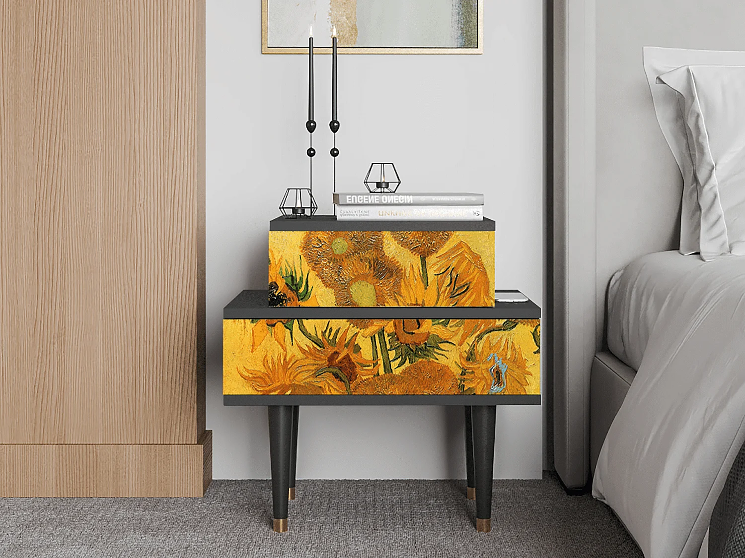 Stolik nocny - 58х58х41 cm - NS1 - Sunflowers, Antracyt