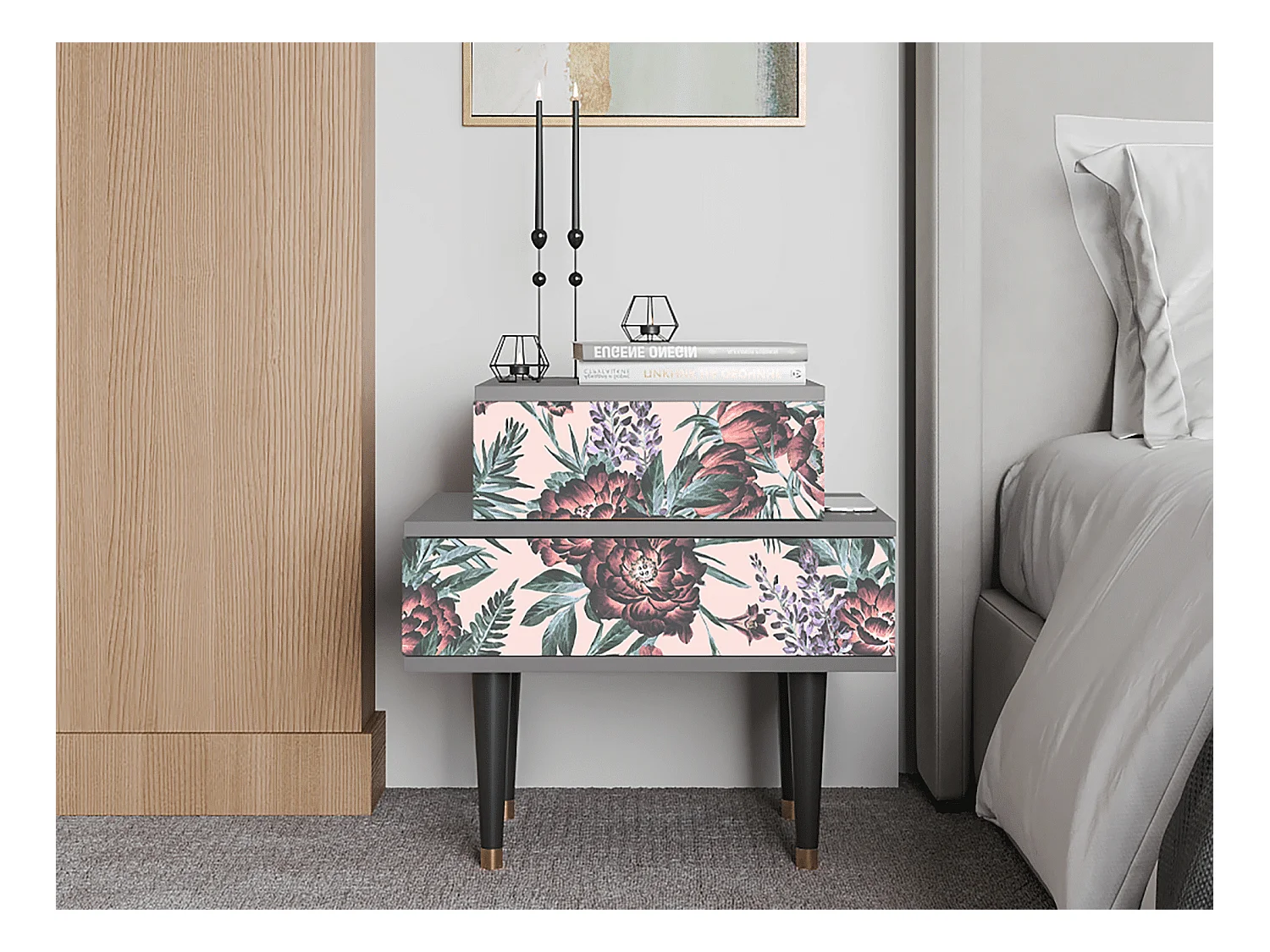 Table de nuit - 58х58х41 cm - NS1 - Peach Peonies, Gris