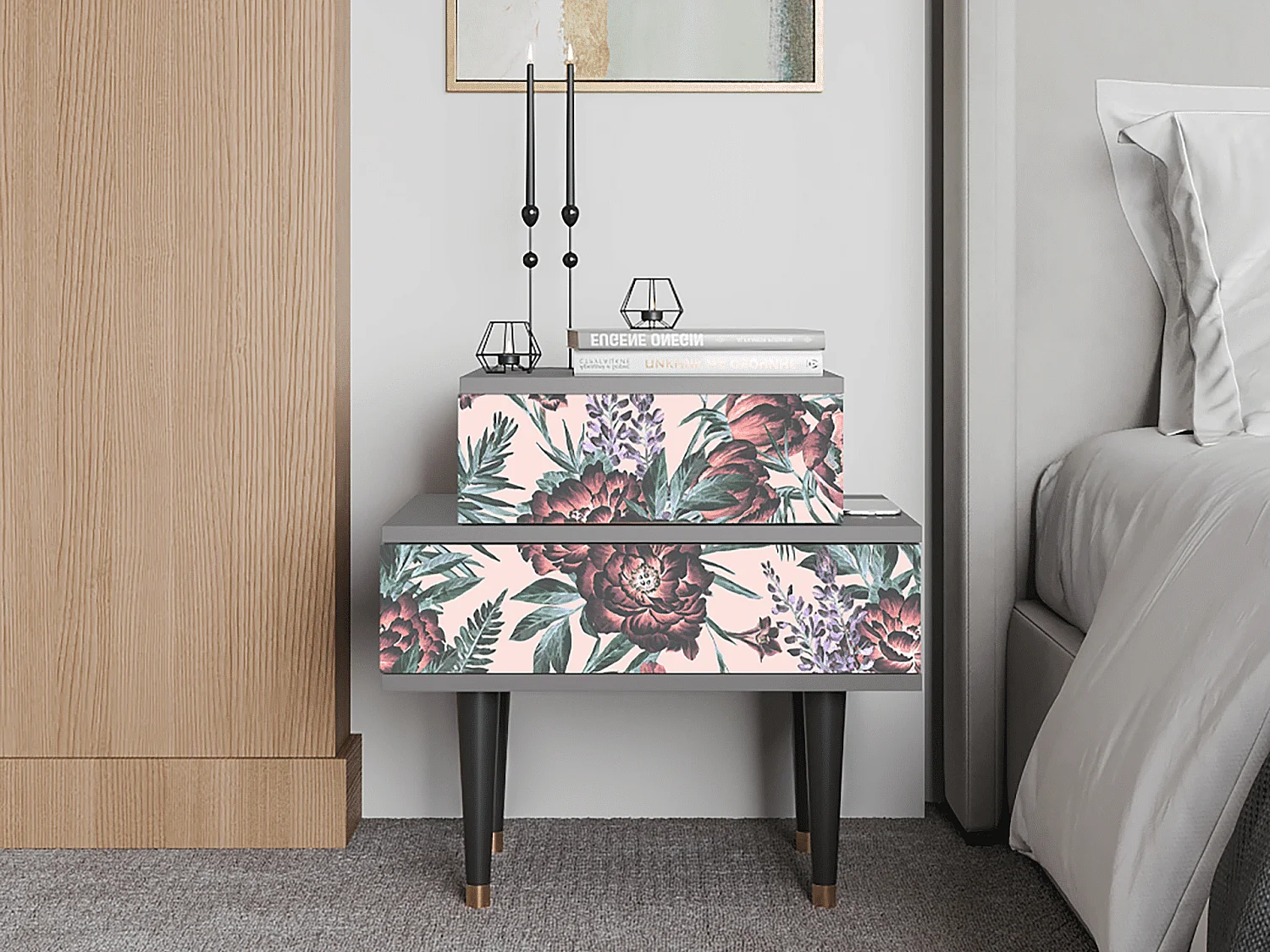 Table de nuit - 58х58х41 cm - NS1 - Peach Peonies, Gris