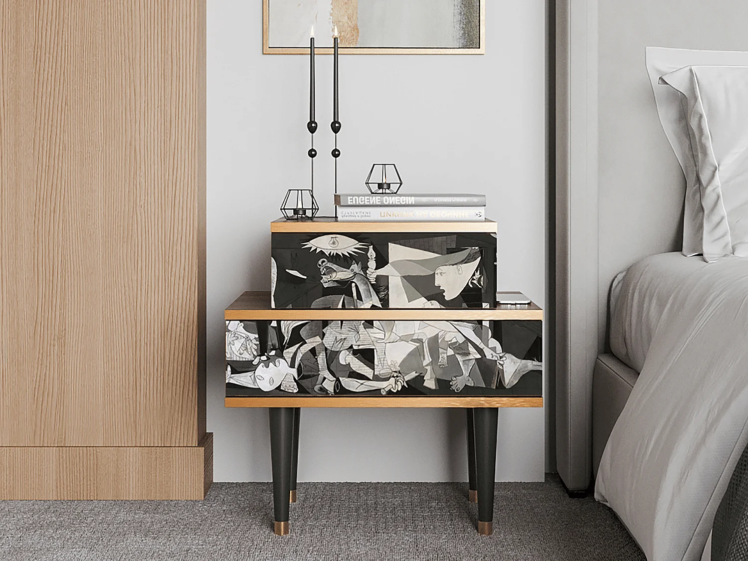 Stolik nocny - 58х58х41 cm - NS1 - Guernica by Picasso, Orzech