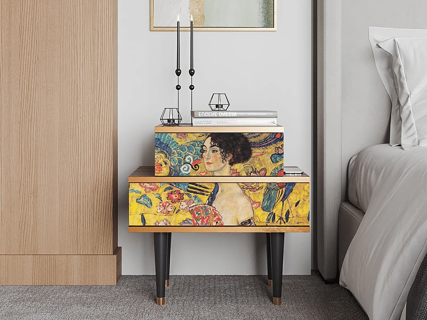 Table de nuit - 58х58х41 cm - NS1 - Lady with Fan by Klimt, Noyer