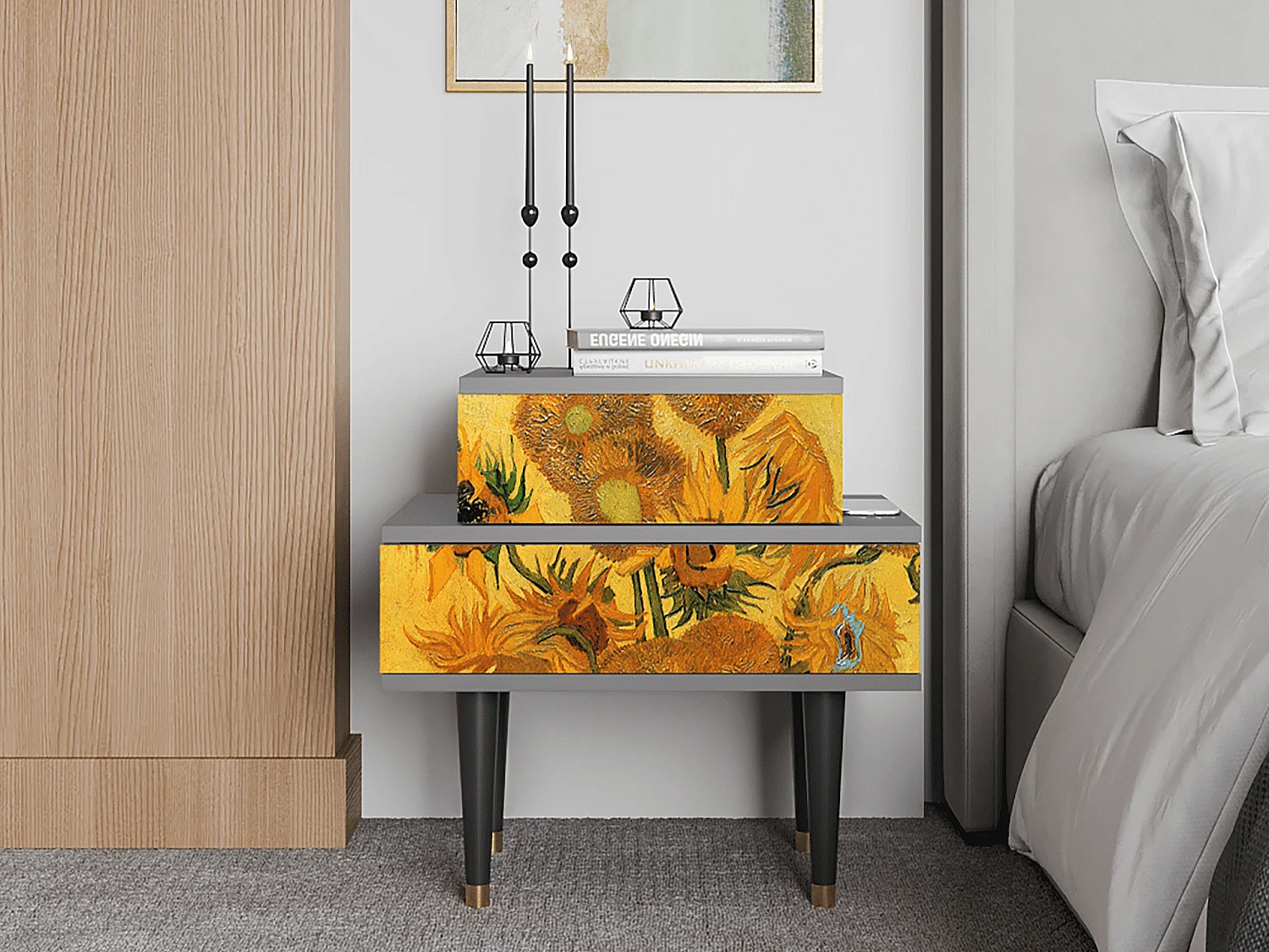 Stolik nocny - 58х58х41 cm - NS1 - Sunflowers, Szary