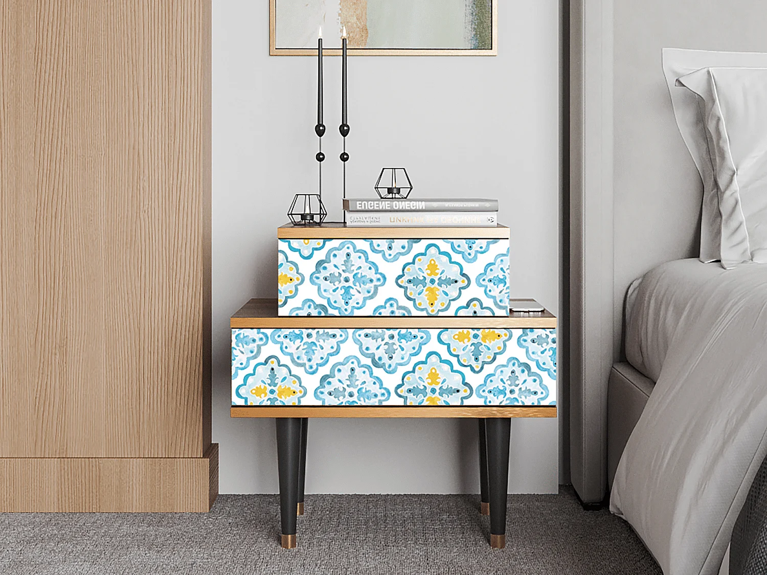 Stolik nocny - 58х58х41 cm - NS1 - Portugese tiles, Orzech