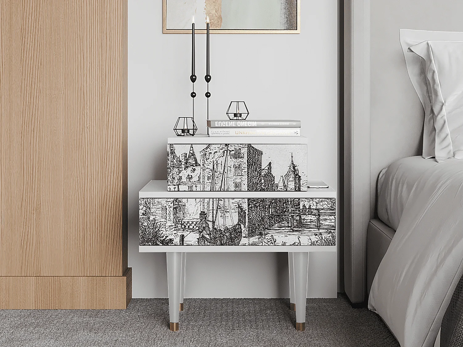 Stolik nocny - 58х58х41 cm - NS1 - Castle with Bridge, Biały