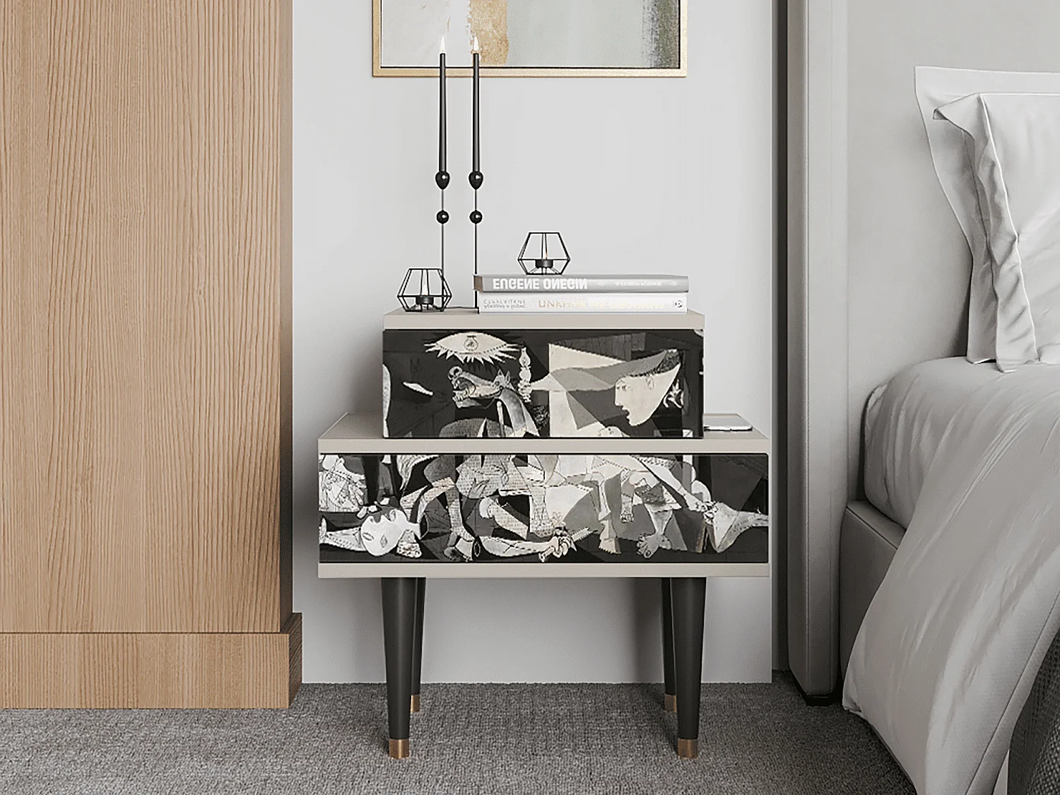 Stolik nocny - 58х58х41 cm - NS1 - Guernica by Picasso, Piaskowy