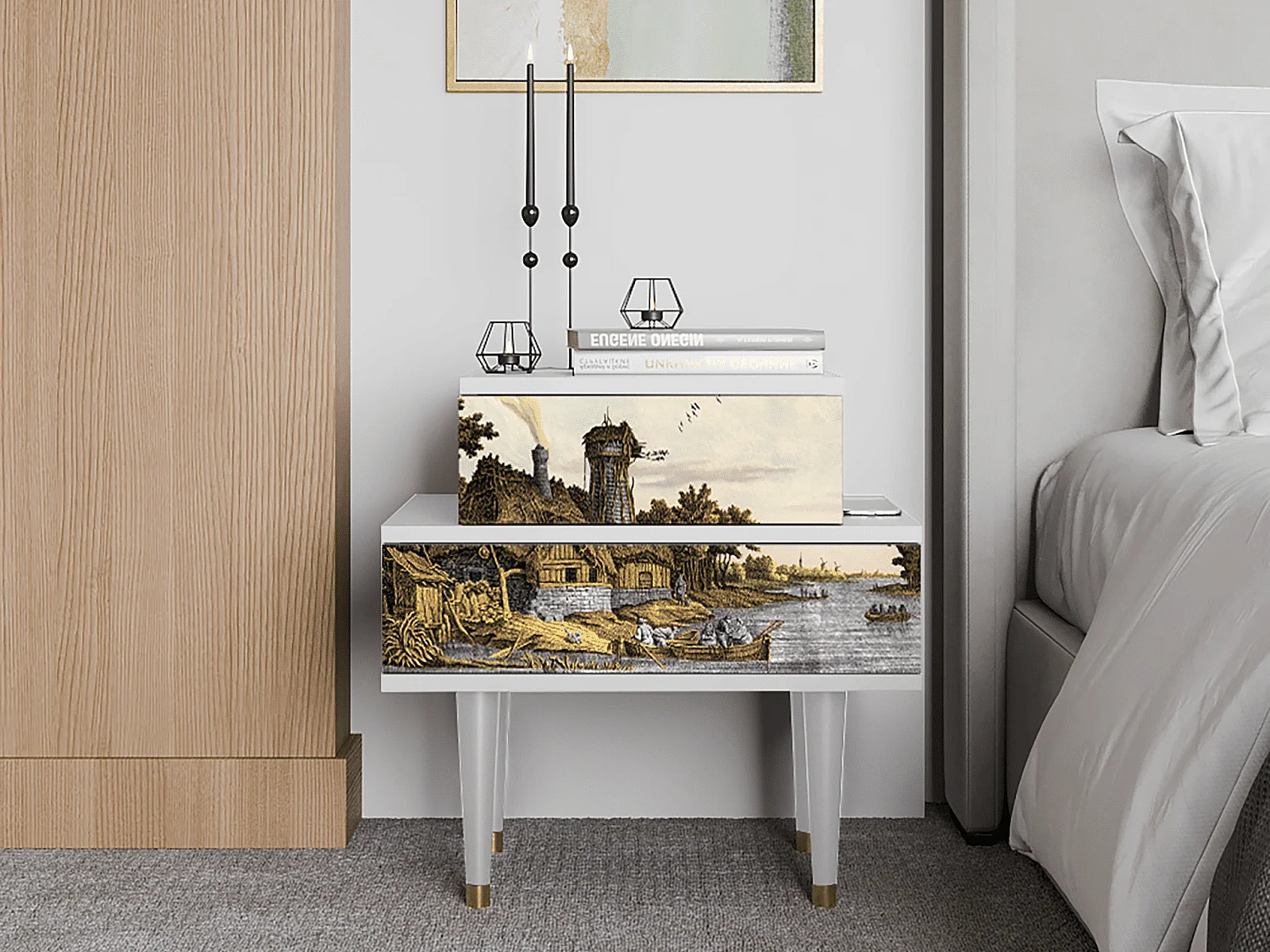 Stolik nocny - 58х58х41 cm - NS1 - Mill along a River, Biały