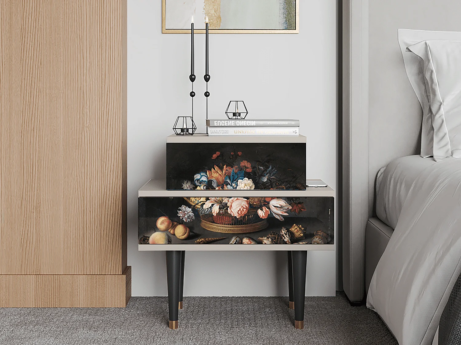 Stolik nocny - 58х58х41 cm - NS1 - Still Life with Flowers, Piaskowy