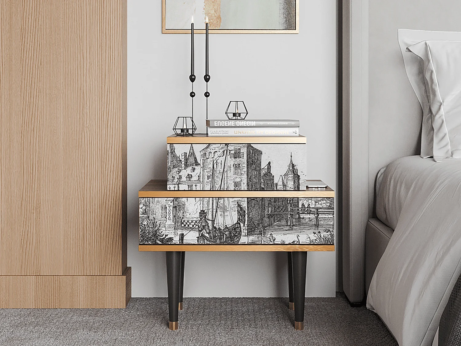 Table de nuit - 58х58х41 cm - NS1 - Castle with Bridge, Noyer