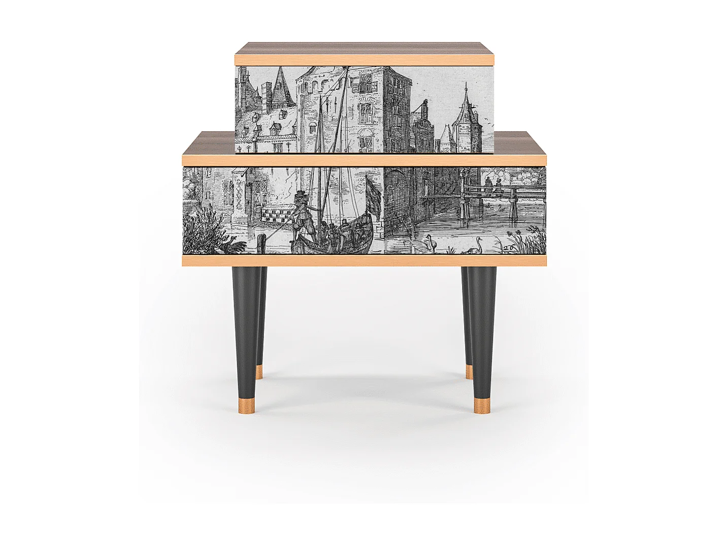 Table de nuit - 58х58х41 cm - NS1 - Castle with Bridge, Noyer