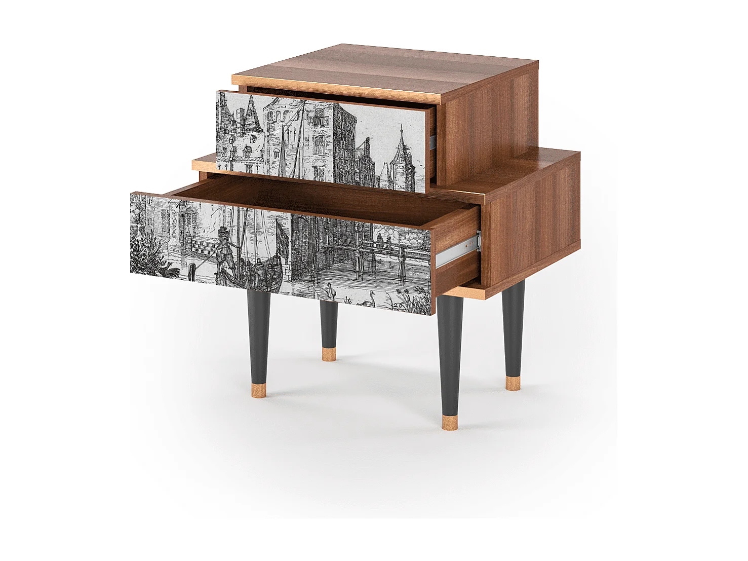 Table de nuit - 58х58х41 cm - NS1 - Castle with Bridge, Noyer