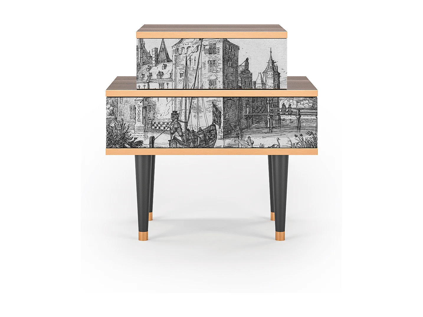 Table de nuit - 58х58х41 cm - NS1 - Castle with Bridge, Noyer