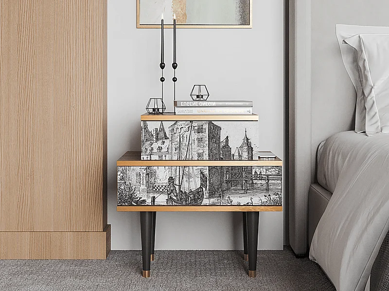 Table de nuit - 58х58х41 cm - NS1 - Castle with Bridge, Noyer