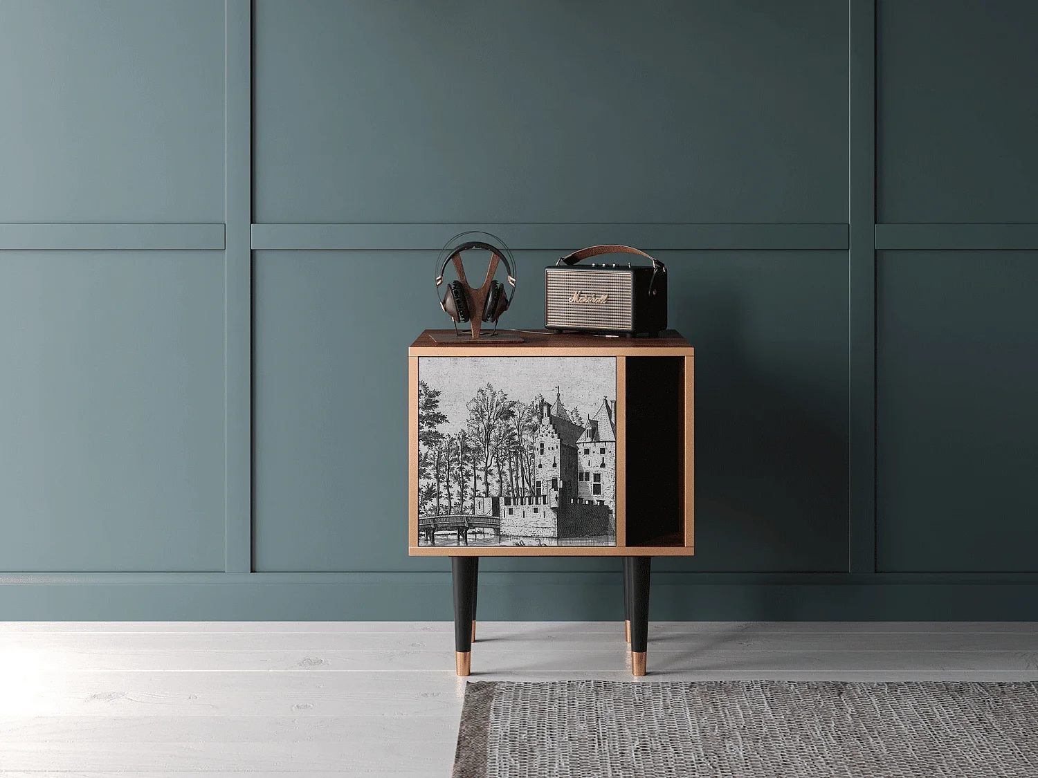 Nachtkastje - 57х69х48 cm - S2 - Castle with Bridge, Walnoot