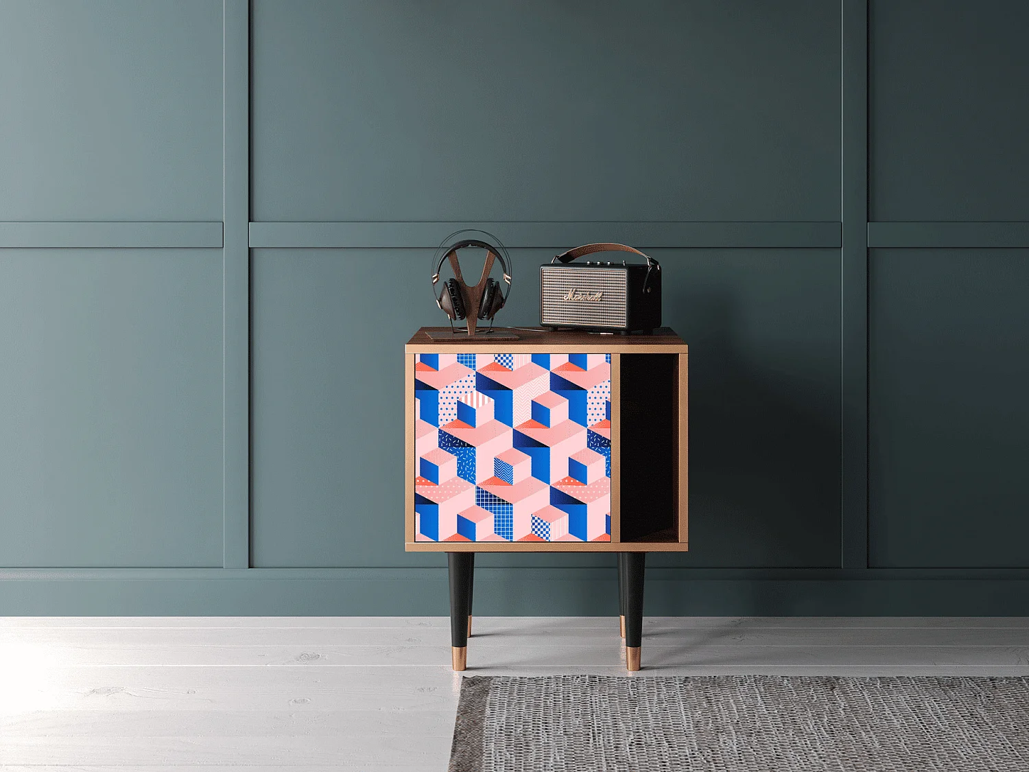 Mesita de noche - 57х69х48 cm - S2 - Pinky Squares, Nogal