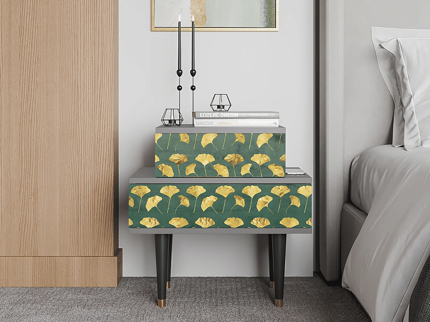 Table de nuit - 58х58х41 cm - NS1 - Gingko leaves, Gris