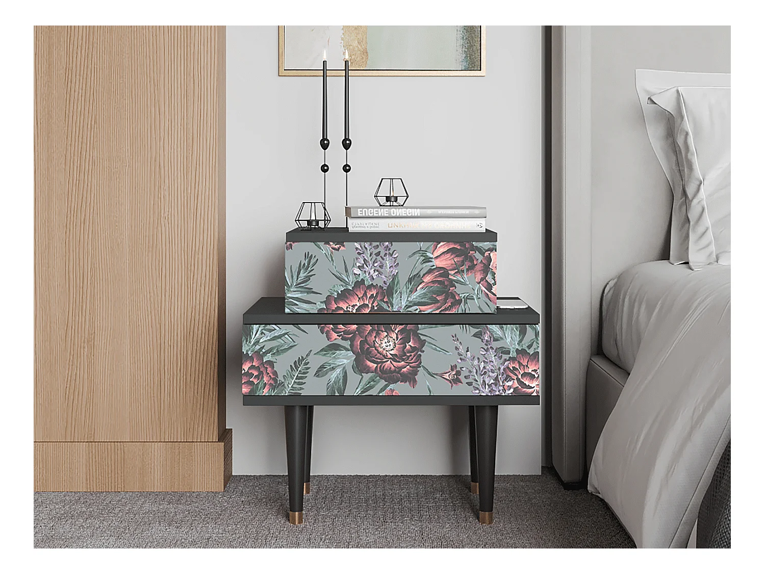 Table de nuit - 58х58х41 cm - NS1 - Light Peonies, Anthracite