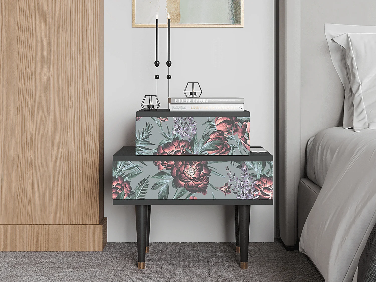 Stolik nocny - 58х58х41 cm - NS1 - Light Peonies, Antracyt