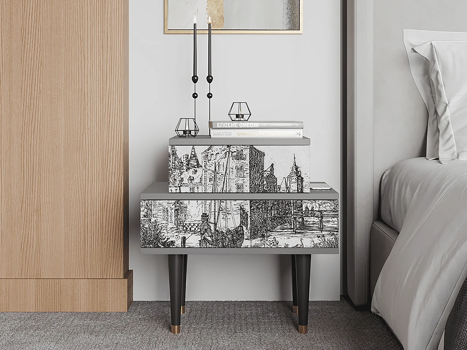 Stolik nocny - 58х58х41 cm - NS1 - Castle with Bridge, Szary