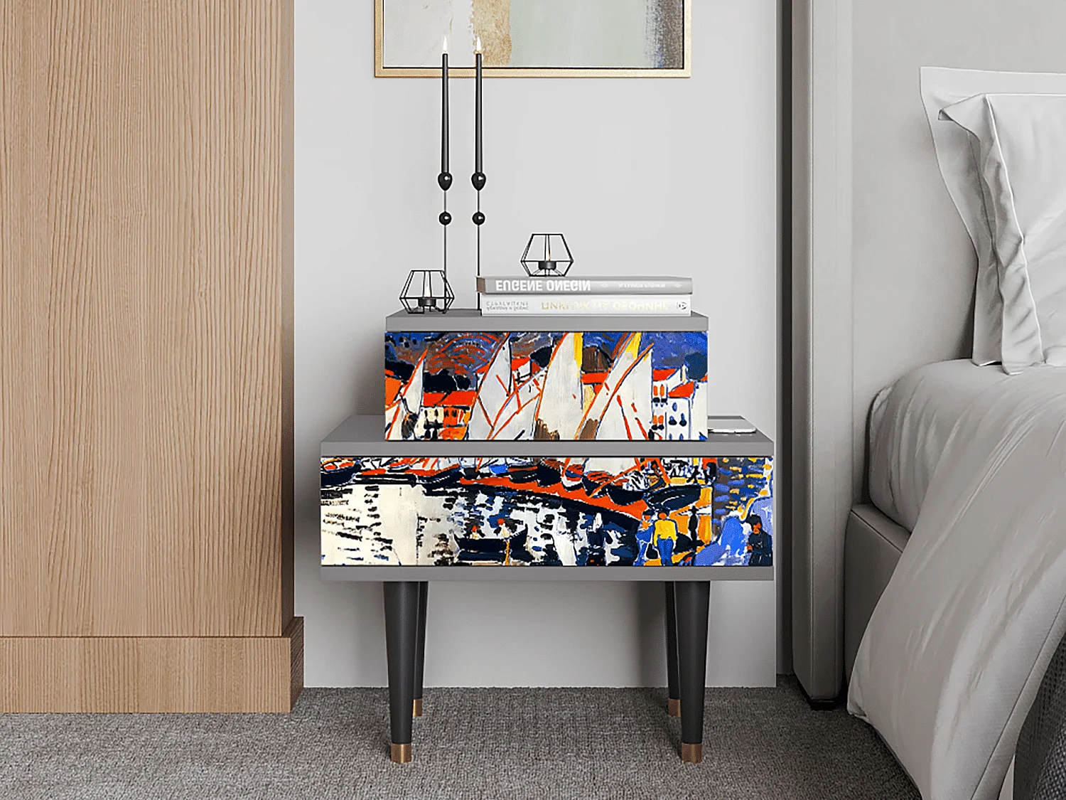 Stolik nocny - 58х58х41 cm - NS1 - Le Séchage des voiles , Szary