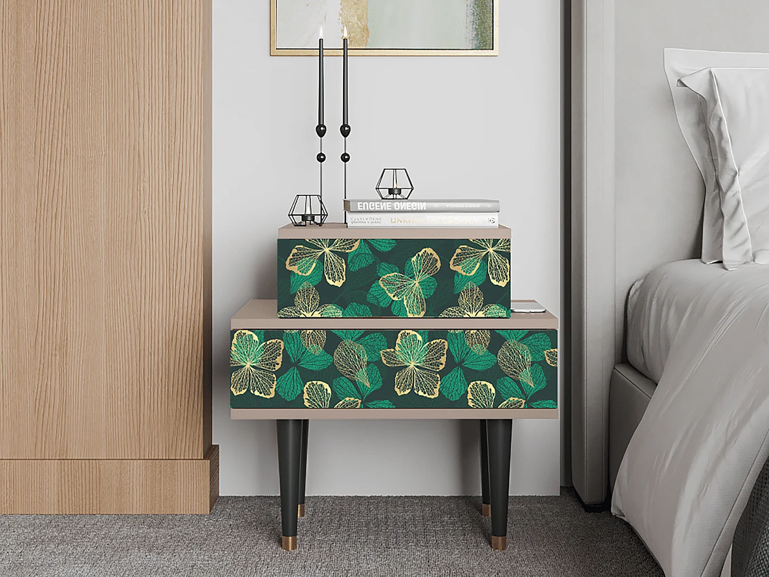 Stolik nocny - 58х58х41 cm - NS1 - Green Flower, Latte