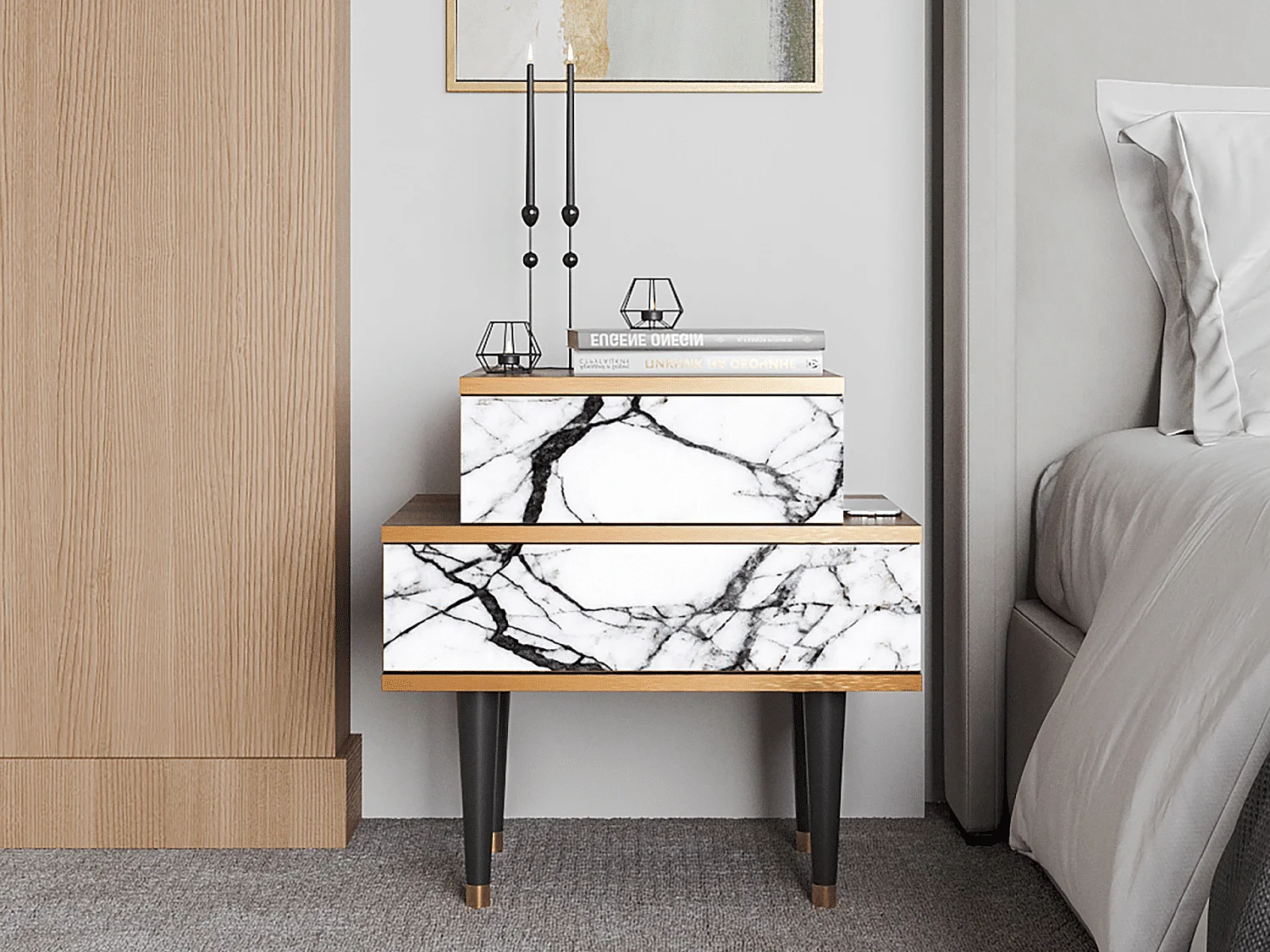 Table de nuit - 58х58х41 cm - NS1 - Raven Marble, Noyer