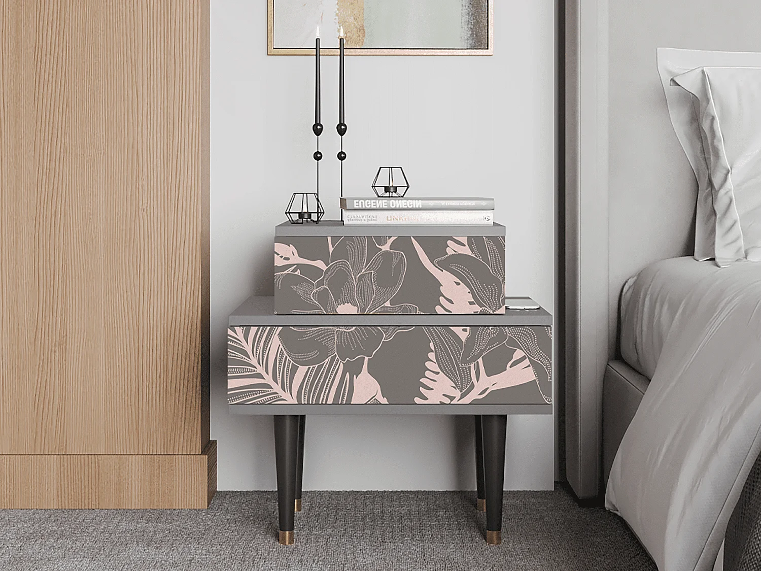 Stolik nocny - 58х58х41 cm - NS1 - Issabelline Flower, Szary