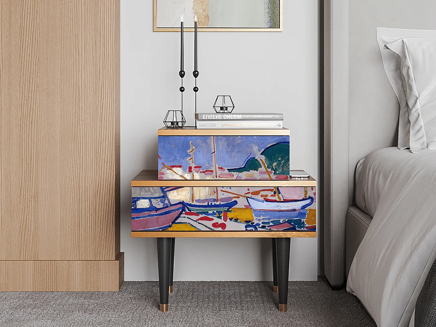 Stolik nocny - 58х58х41 cm - NS1 - The Port of Collioure , Orzech