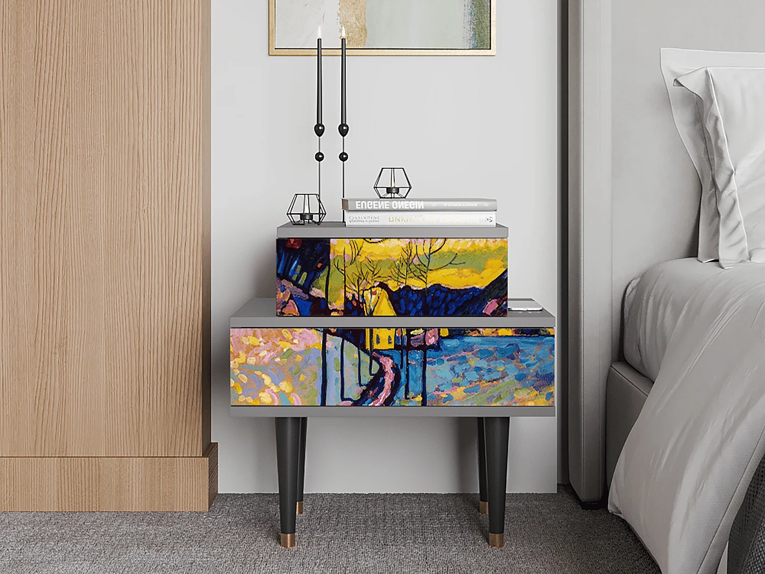 Stolik nocny - 58х58х41 cm - NS1 - Winter Landscape, Szary