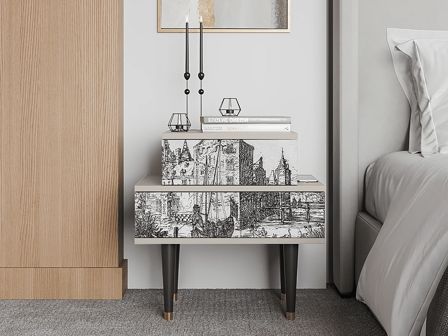 Stolik nocny - 58х58х41 cm - NS1 - Castle with Bridge, Piaskowy