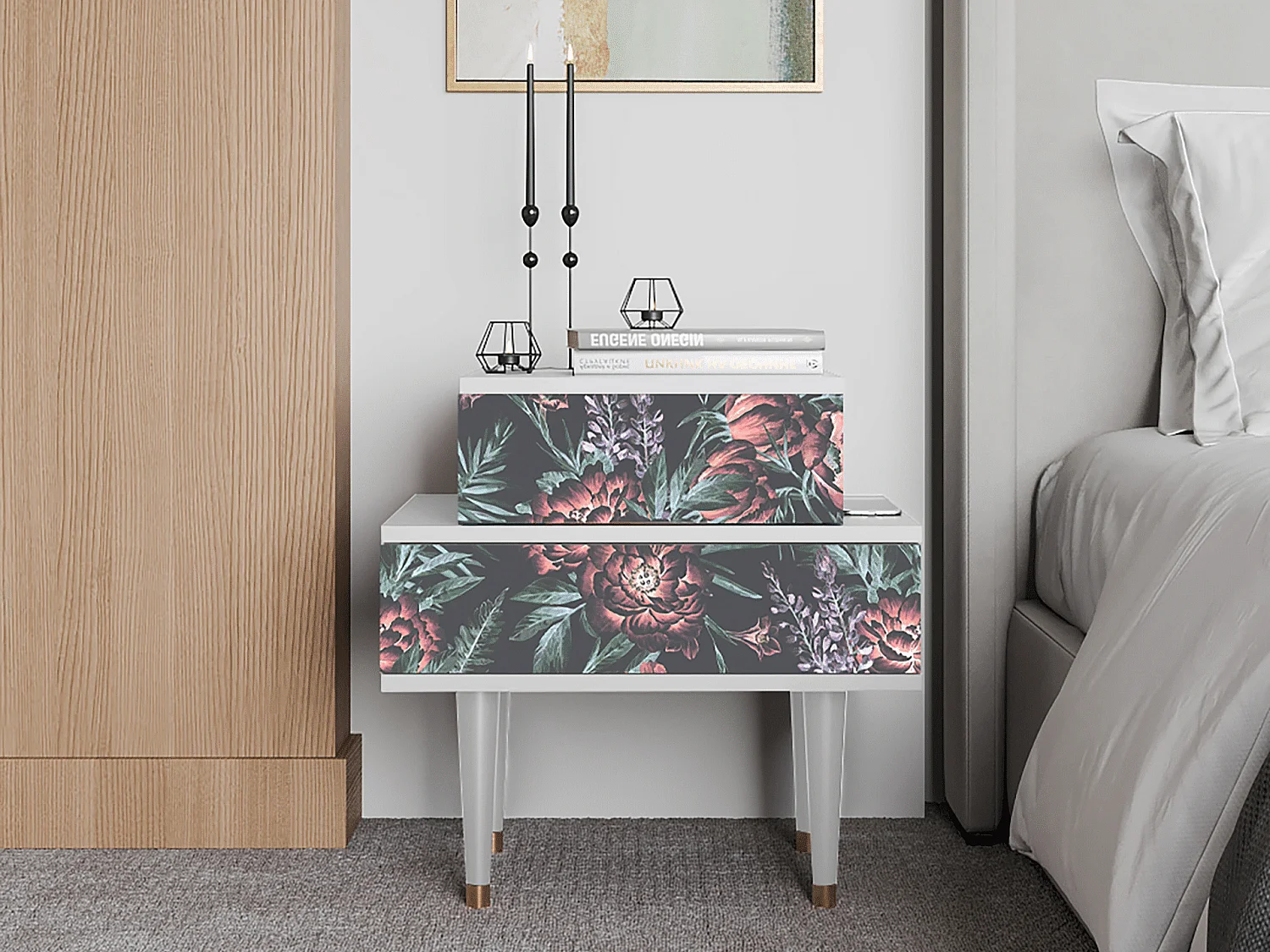 Table de nuit - 58х58х41 cm - NS1 - Dark Peonies, Blanc